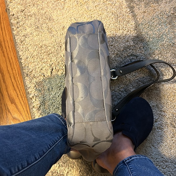 Gray Coach bag with purple lining. Gently used. 11h x 9w x 4w x 2.5. Straps, 19” - Picture 2 of 6